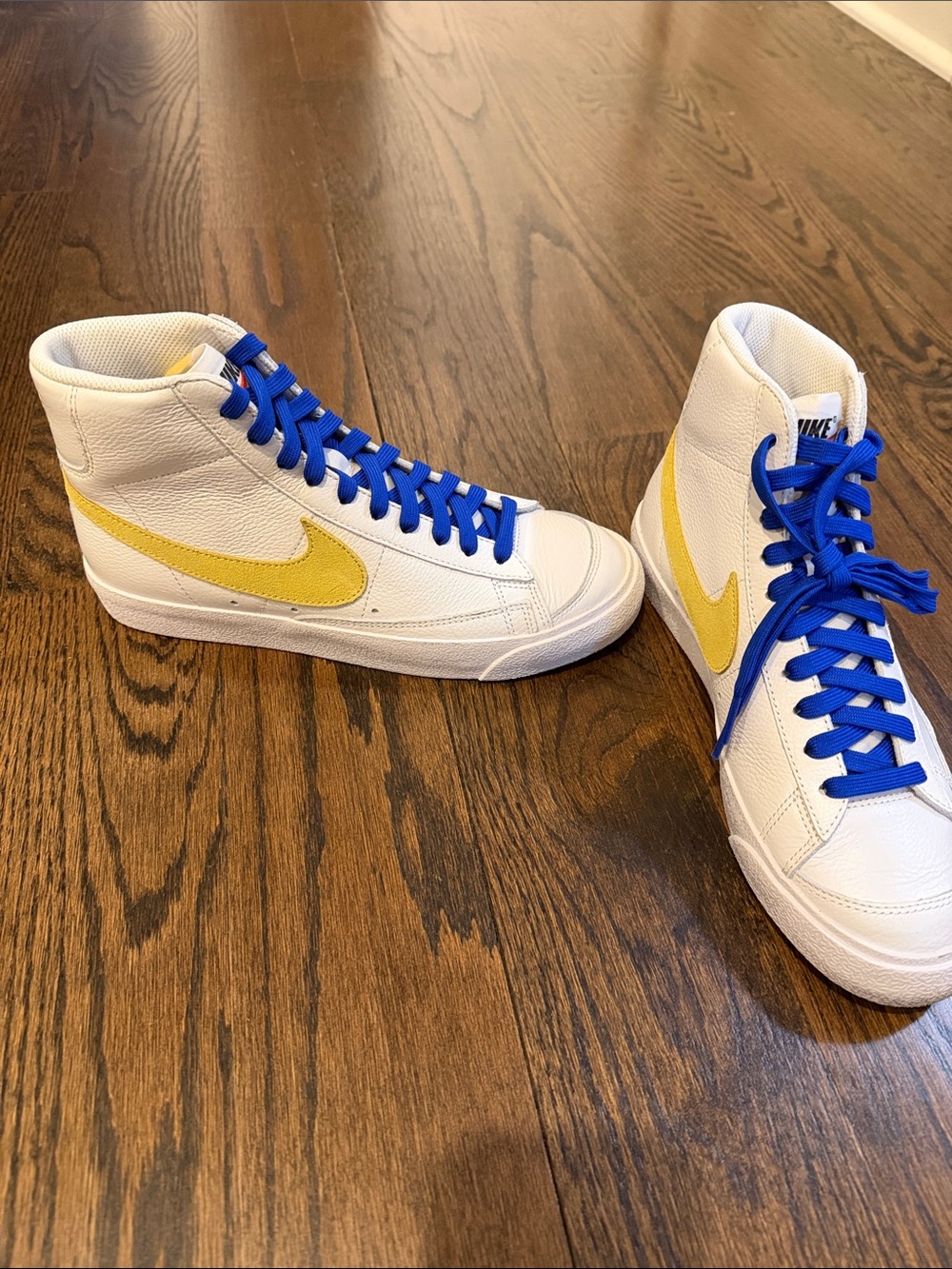 Nike White High-Top Sneakers with Yellow Swoosh and Royal Blue Laces Never worn